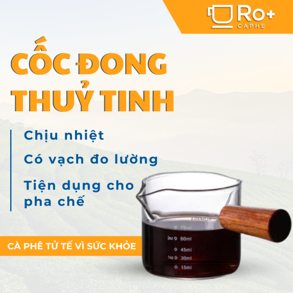 Cốc Đong Cà Phê Thủy Tinh Cán Gỗ 75ml | Cốc Đong Chịu Nhiệt Cao Cấp