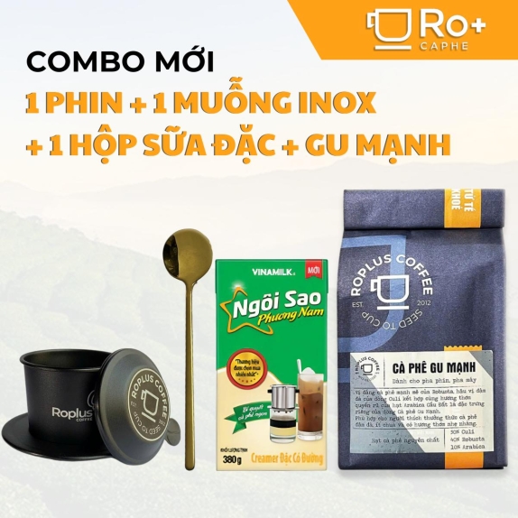 Combo Cà Phê Gu Mạnh ROPLUS Coffee + 1 Phin + 1 Muỗng Inox + 1 Sữa Đặc - Cà Phê Nguyên Chất Rang Mộc Robusta Pha Phin, Pha Máy