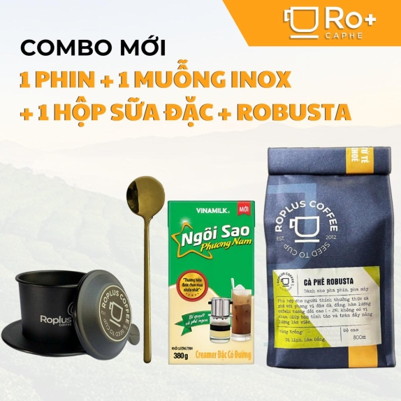 Combo Cà Phê Robusta Honey ROPLUS Nguyên Chất 100% Rang Mộc - Tặng Kèm 1 Phin Nhôm + 1 Muỗng Inox + 1 Lon Sữa Đặc - Cafe Pha Phin, Pha Máy, Moka Pot - Vị Đậm Đà Hậu Vị Dài